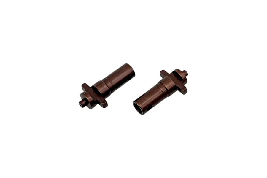 Two dark metallic differential output shafts shown against a plain white studio background.