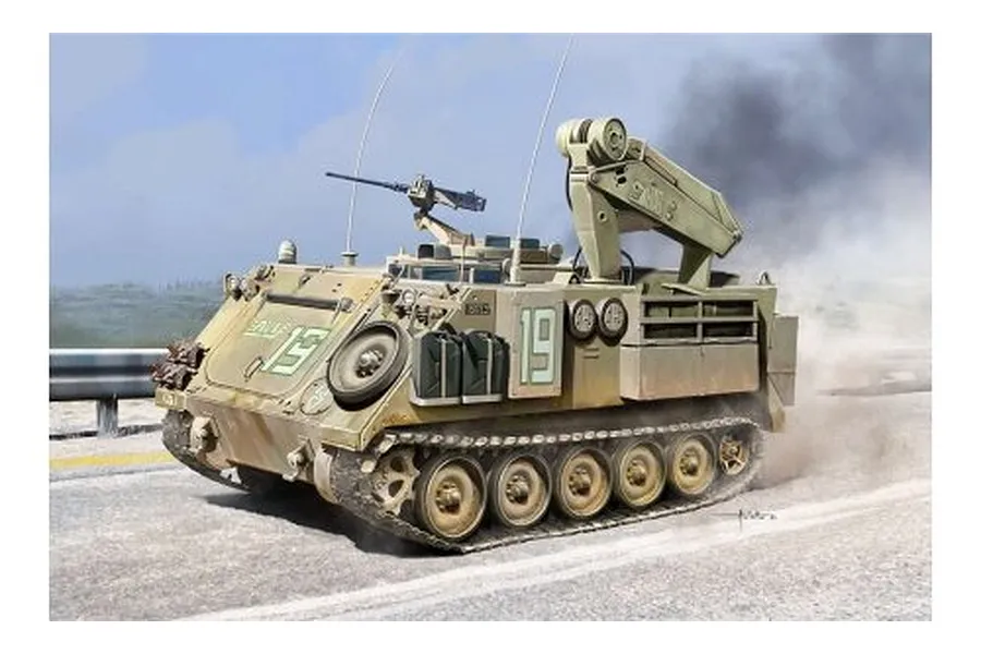 Box art painting of an Academy 1/35 scale M113 Fitter ARV military vehicle driving on a road with smoke in the background.
