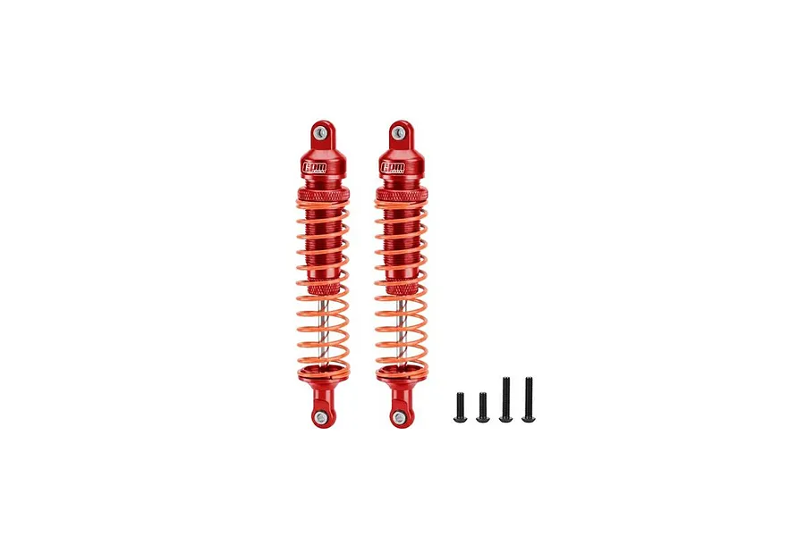 Two red aluminium 102mm RC shock absorbers with orange springs and mounting screws on a white background.