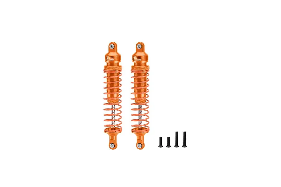 Two orange aluminium RC shock absorbers with matching springs and four black mounting screws displayed against a plain white background.
