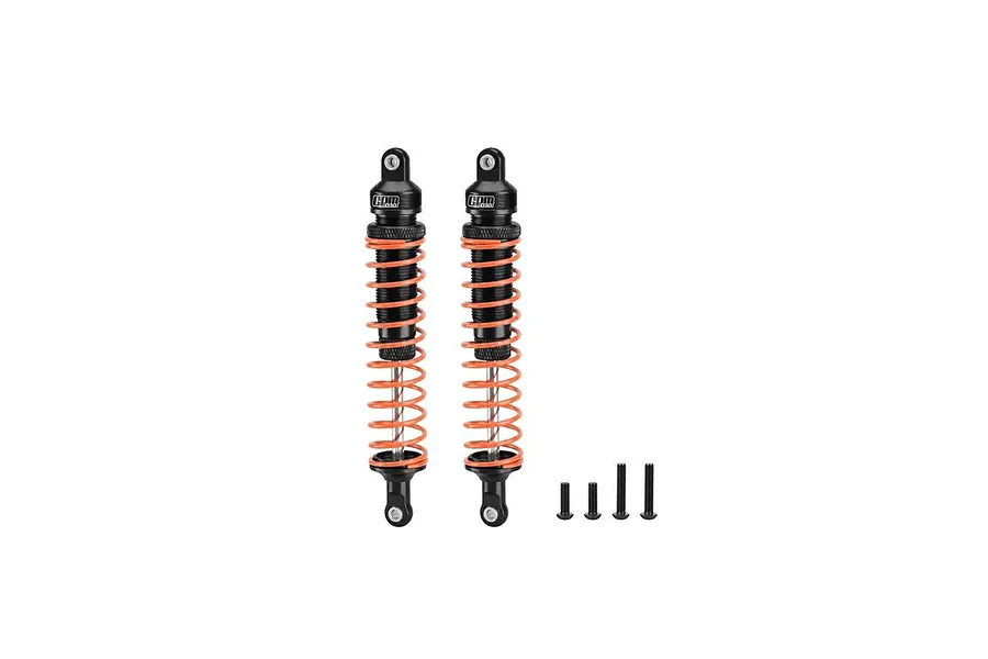 GPM aluminium 115mm adjustable rear heavy-duty shocks in black and orange with included screws, viewed against a white background.