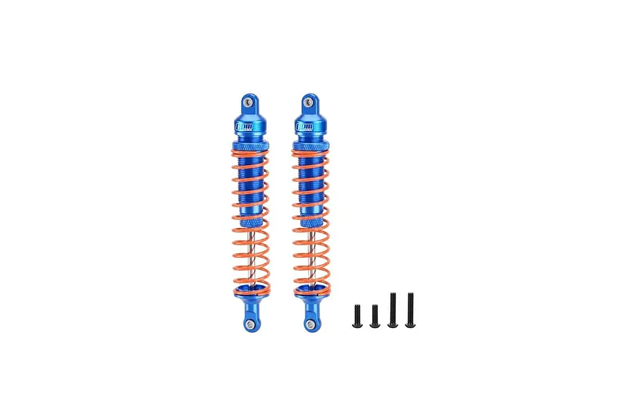 GPM aluminium 115mm adjustable rear heavy-duty shocks in blue with orange springs and mounting hardware.