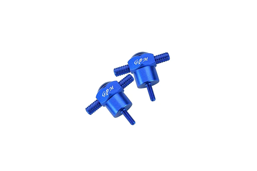 Two blue anodised aluminium spare tyre locks with threaded shafts and GPM branding on a plain white background.