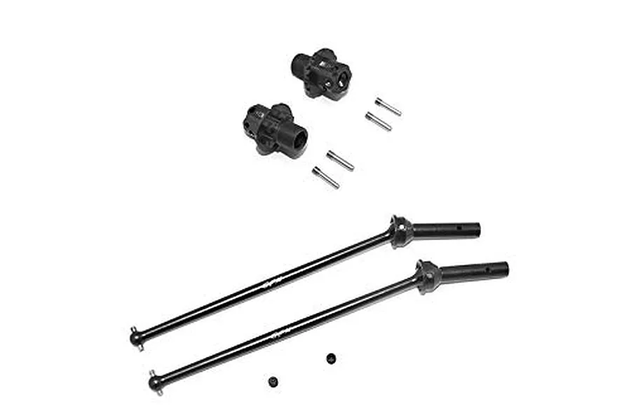 GPM black steel CVD driveshafts, wheel hex extensions, pins, and grub screws on a white background.