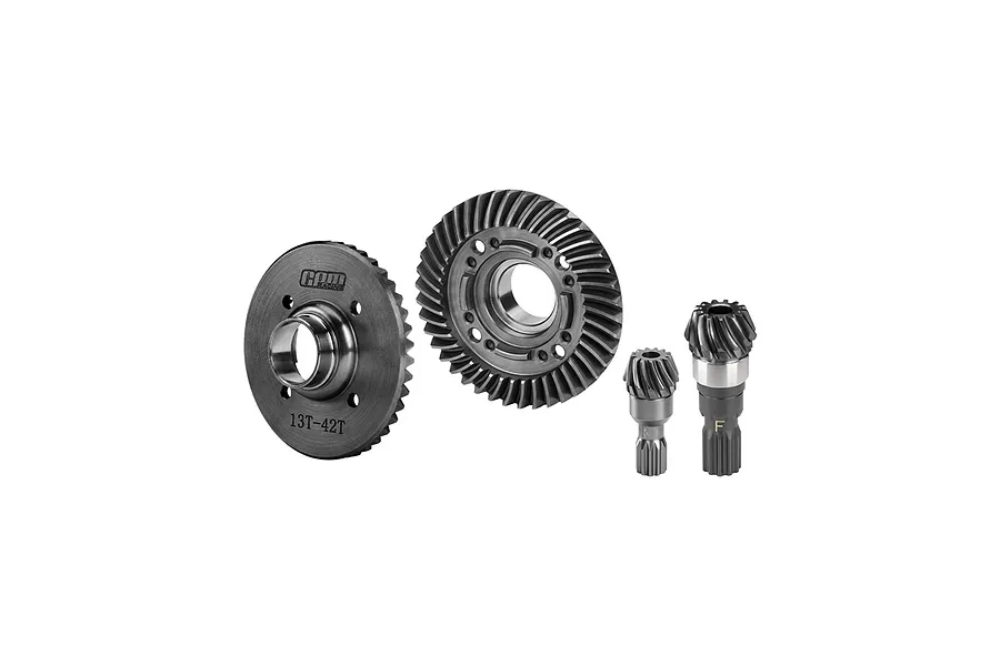 GPM chrome steel front and rear 42T spiral ring gears with 13T spiral input gears set against a white background.
