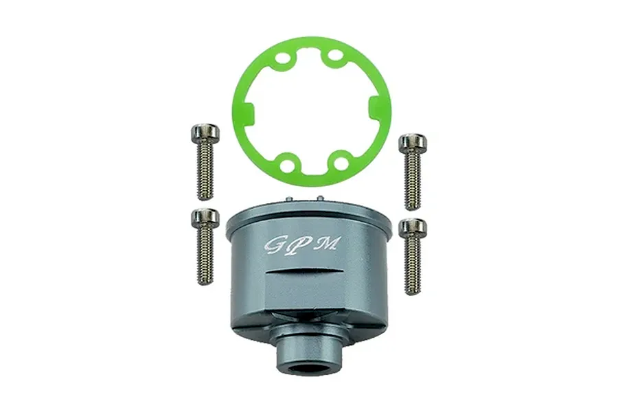 GPM grey aluminium differential case set with green seal and four screws laid out on a white background.