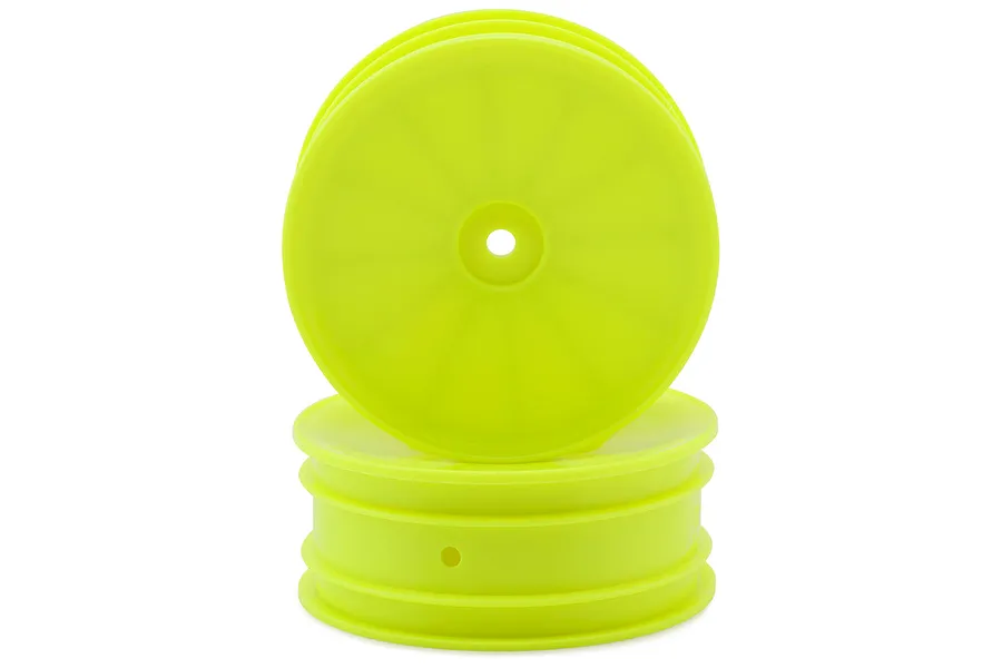 Two bright yellow RC buggy front dish rims stacked against a clean white background.