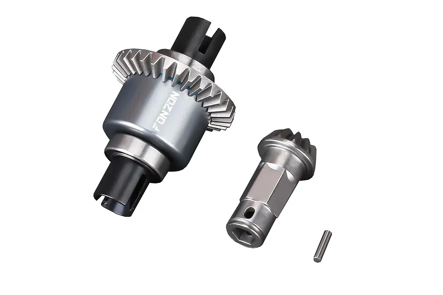 Fonzon aluminium complete rear differential and input pinion assembly with bearings and pin against a white background.