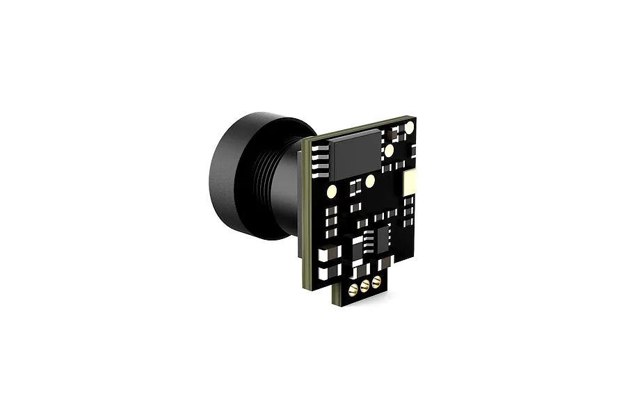 Studio product photo of a small black RC drone camera and circuit board against a clean white background.