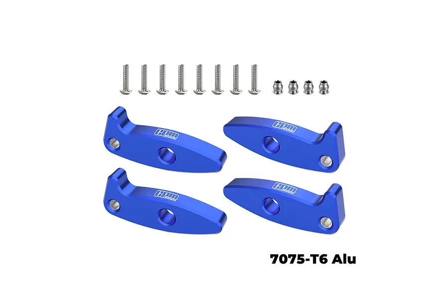 Four blue anodized aluminium flex blades extensions with screws and ball ends arranged on a white background.