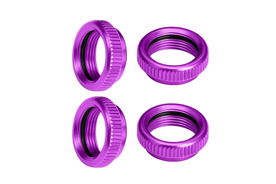 Four purple anodized aluminium shock collars featuring internal threading and a textured grip exterior on a white background.