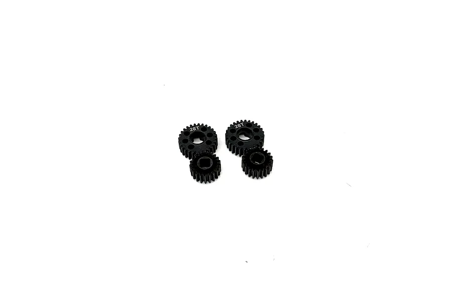 Four black metal portal gears of different sizes displayed on a clean white background.