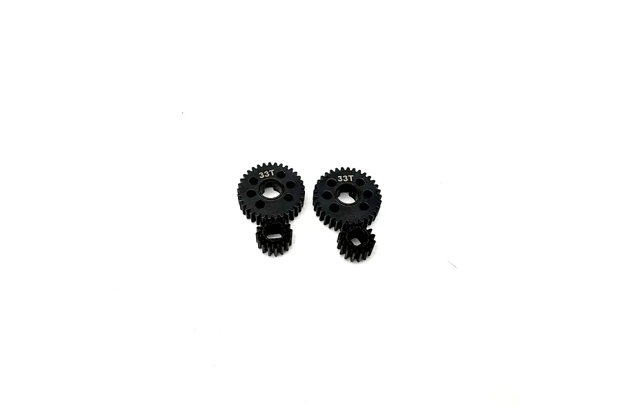 Studio product shot of two black metal portal gear sets, each featuring a large 33T gear and a smaller gear, set against a plain white background.