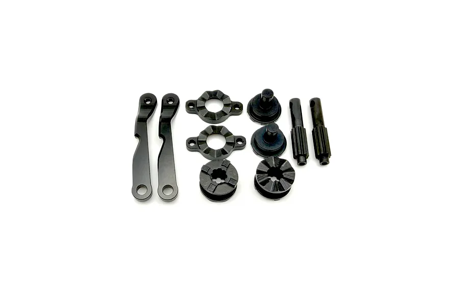 REEFS XP Dual Dig Shift Components laid out on a plain white background, showing various black metal and plastic parts.