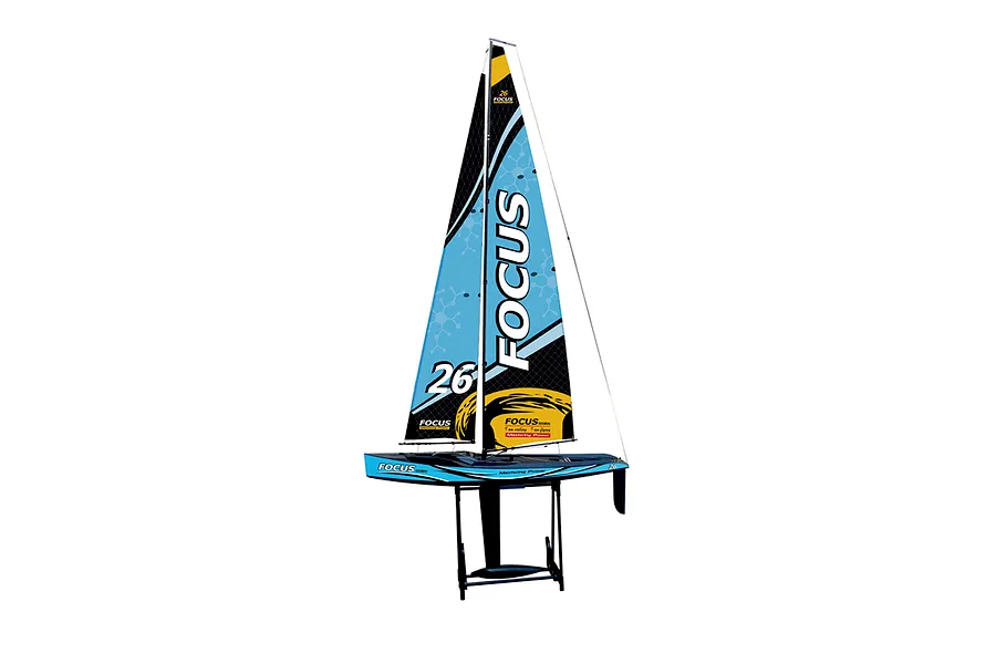 Joysway Focus V3 blue RC sailboat on a black display stand against a white background.