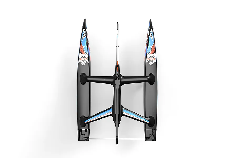 Top down view of the Joysway Binary V3 mini RC catamaran sailboat hull showcasing its black dual hulls and central mast structure.
