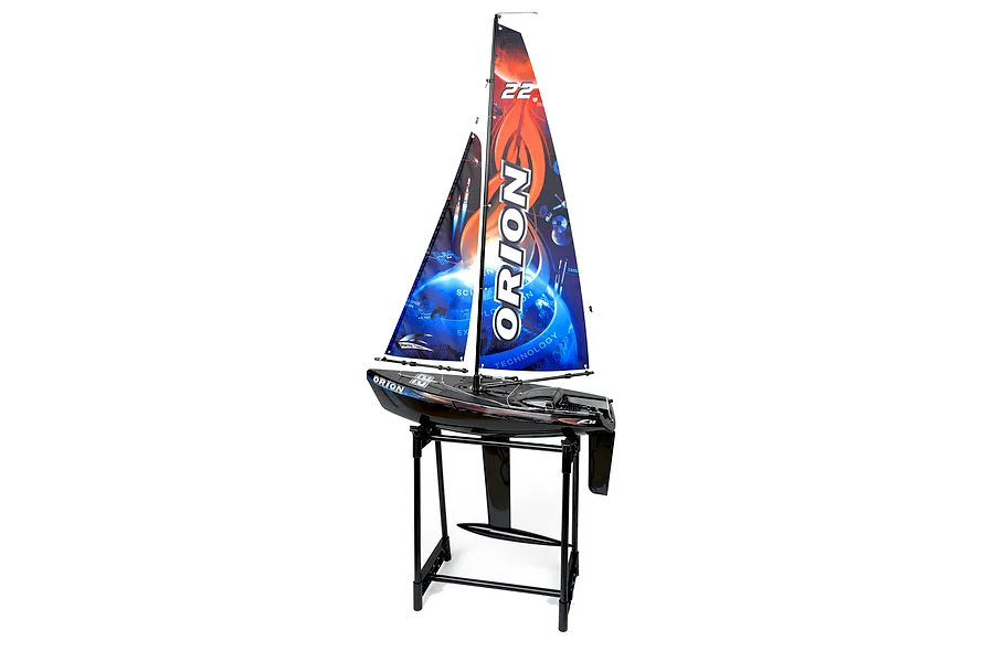 Joysway Orion V2 RC sail boat displayed on a black plastic stand against a clean white background.