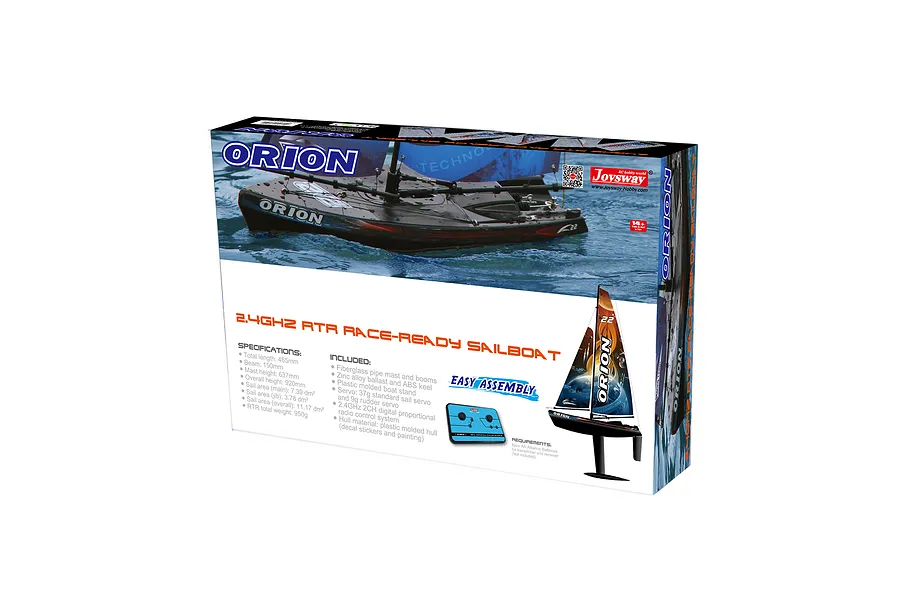 Joysway Orion V2 RC sailboat product packaging box showing boat graphics and specifications.