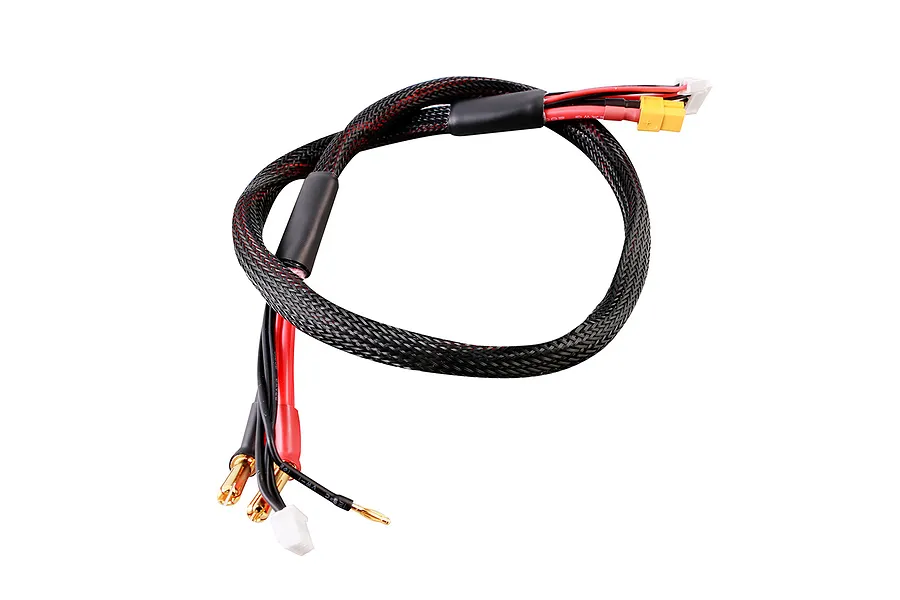 Gens Ace charge cable featuring braided wiring, 5mm bullet connectors, XT60 plug, and balance connectors on a plain white background.