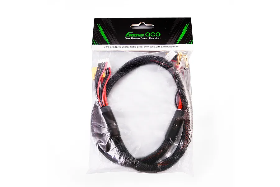 Gens Ace 2S/4S charge cable in retail packaging with 5mm bullet and XT60 connectors on a white background.