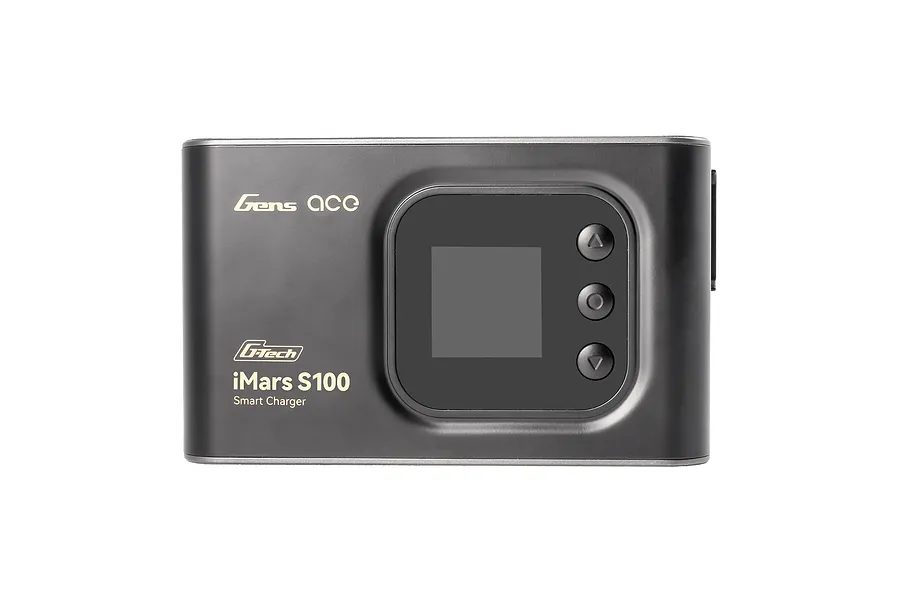 Gens Ace iMars S100 G-Tech Smart Charger in black, featuring a digital display and control buttons on a white background.