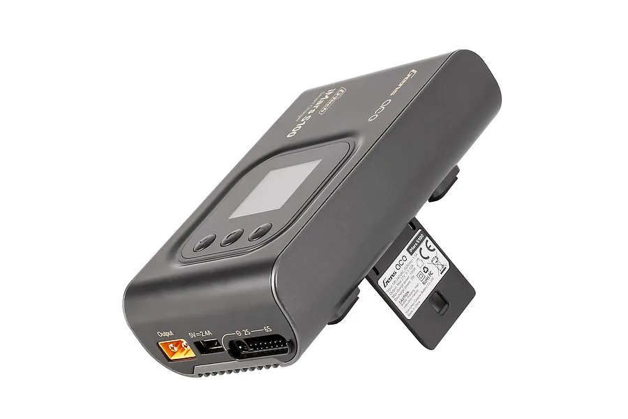 Gens Ace iMars S100 G-Tech Smart Charger in black, angled view showing output ports, display screen, and label.