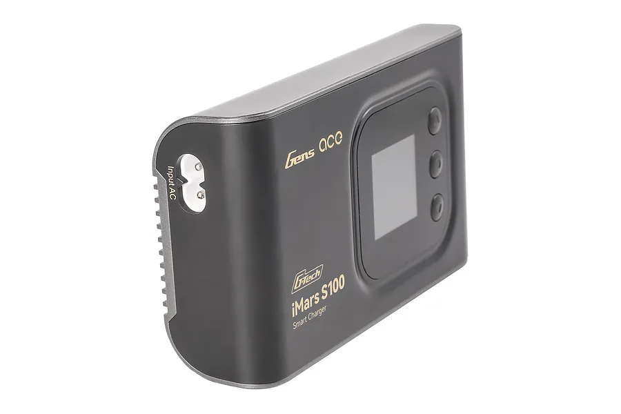 Gens Ace iMars S100 G-Tech Smart Charger in black, shown angled to display the AC input port and control buttons.