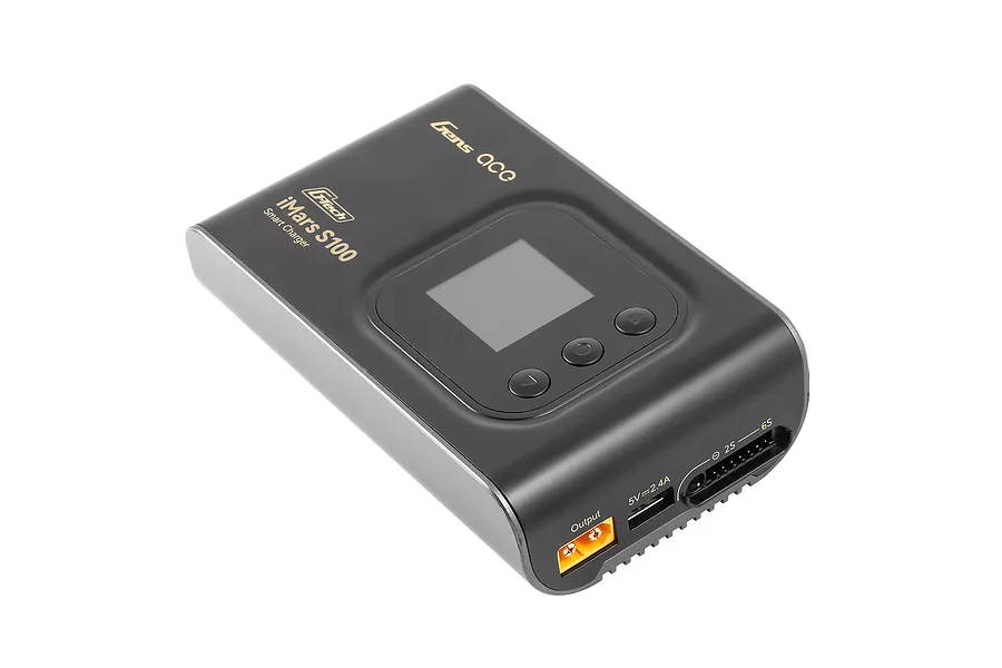 Studio product shot of the Gens Ace iMars S100 G-Tech Smart Charger in black, showing the screen, buttons, and ports.