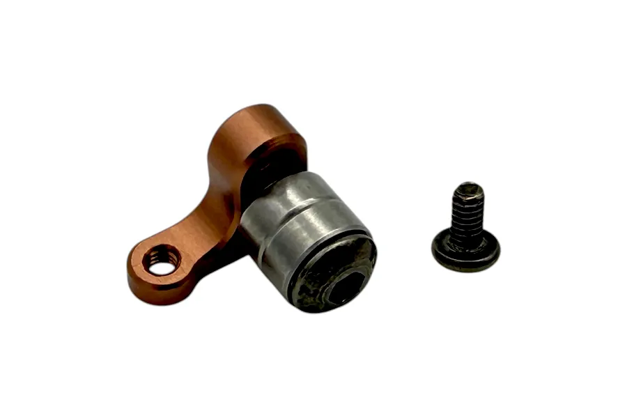 RC Maker rear belt tensioner with bearings and mounting screw on a plain white background.