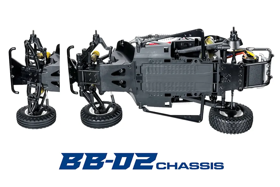 Studio shot of the Tamiya BB-02 RC car chassis from the bottom, showing suspension, wheels, and layout with BB-02 CHASSIS text below.