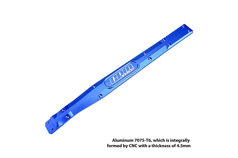 Blue anodized aluminium chassis brace and skid plate with engraved GPM Racing logo against a clean white background.