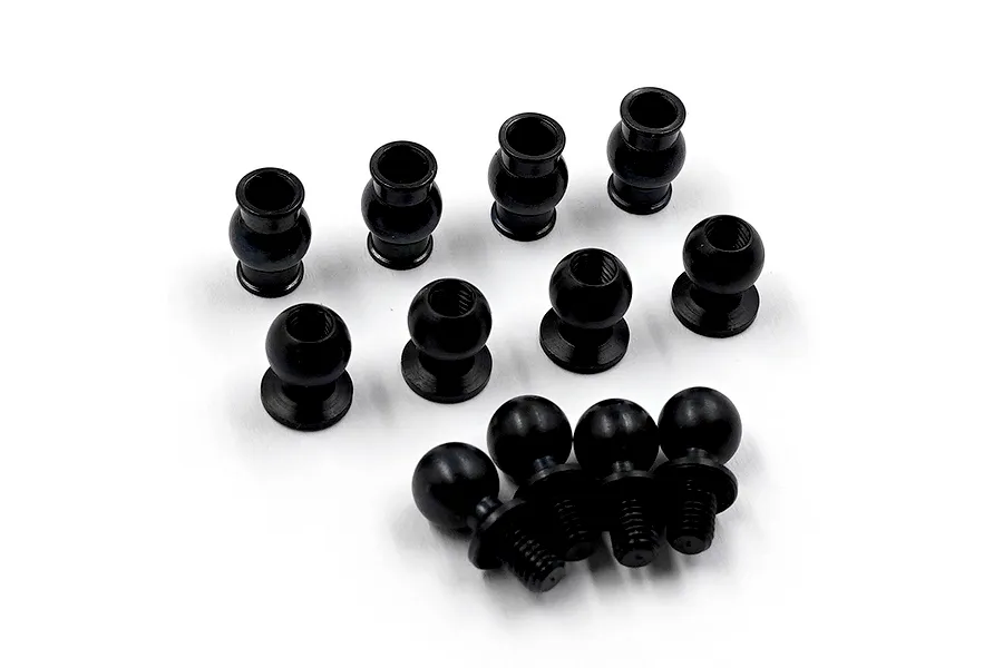 A set of twelve black steel pivot balls and threaded ball studs arranged on a white background.