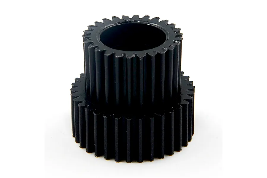 Yeah Racing 34/26T black plastic dual gear on a plain white background.