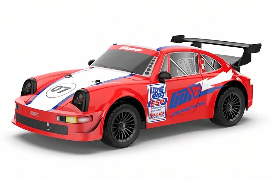 Red 1/16 scale UDI Amphicyon electric brushless 4WD RC drift car with racing livery and rear wing on white background.