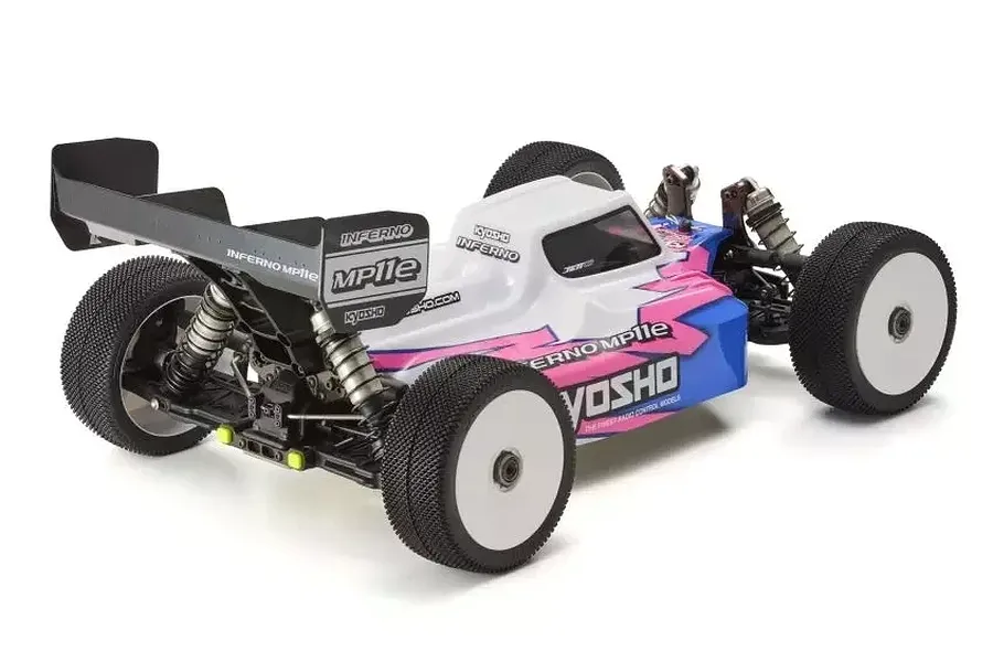 Studio product photo of the Kyosho Inferno MP11e 1/8 scale electric 4WD RC buggy shown from the rear three-quarters angle.