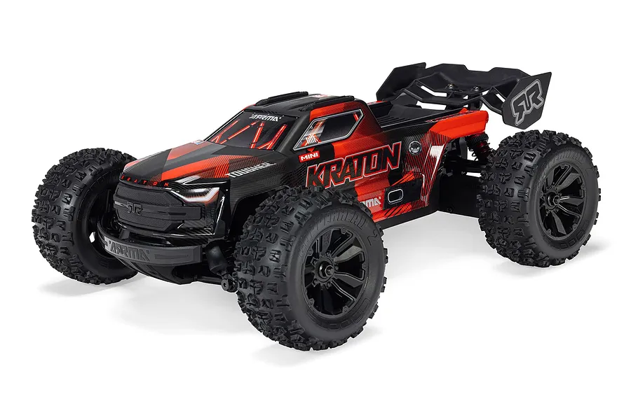 ARRMA Mini Kraton 3S BLX 4X4 1/16 scale RC monster truck in red and black livery against a white background.