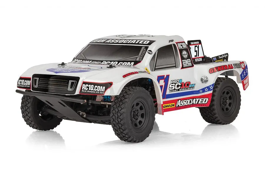 Team Associated Pro2 SC10sw 1/10 scale electric RC short course truck in white with racing decals against a white background.