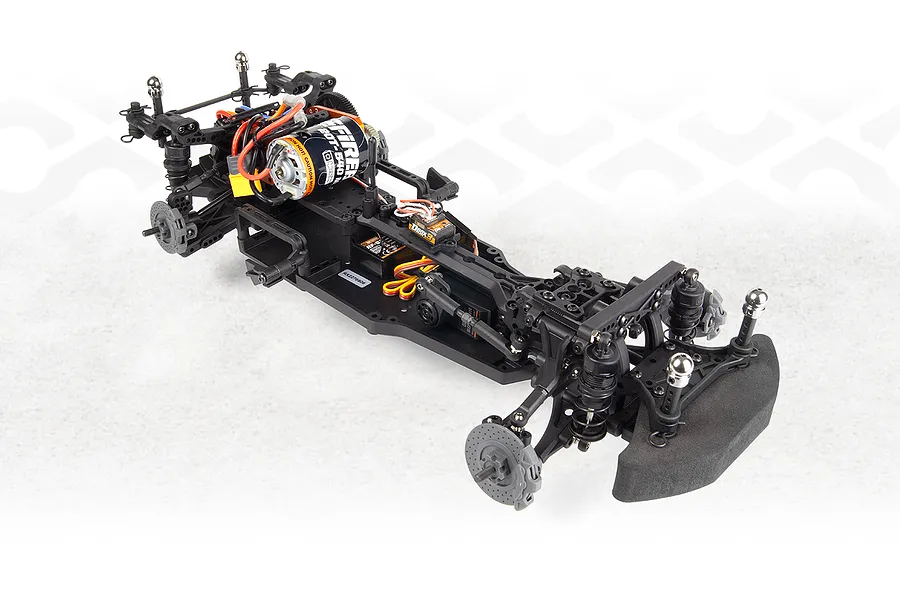 Studio product view of the assembled black chassis for the HPI Stage-D10 Ford Mustang GT RC drift car.