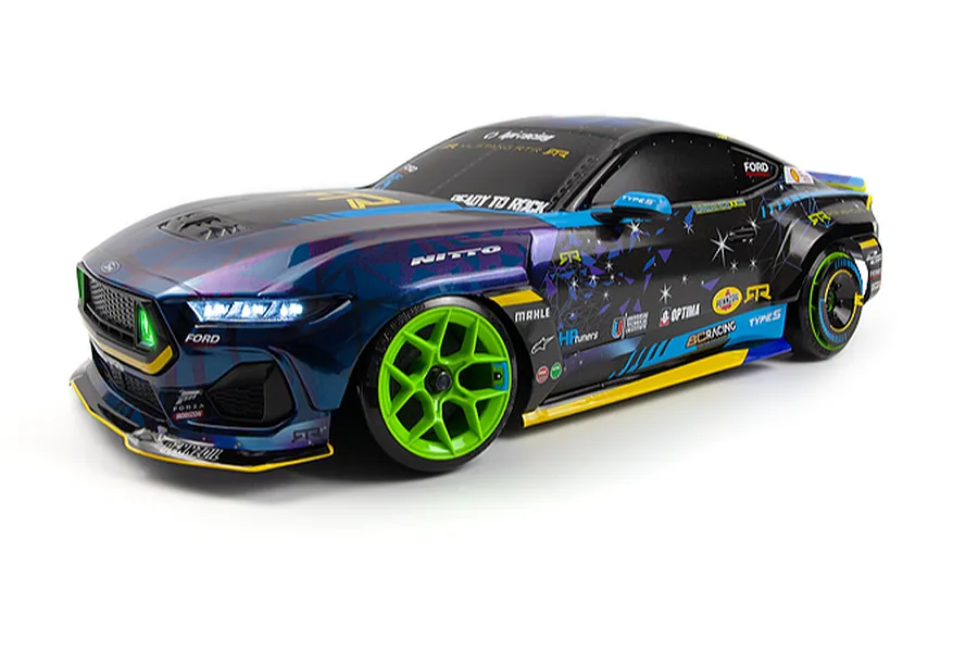 HPI Stage-D10 Ford Mustang GT RC drift car in 1/10 scale featuring vibrant blue and black livery with bright green wheels.
