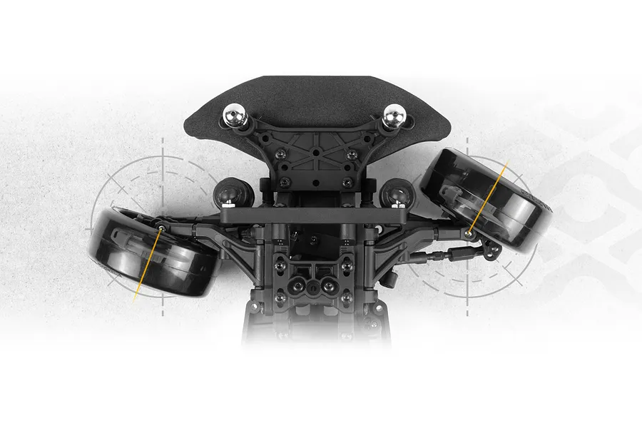 Top down close-up view of the front suspension and steering assembly of the HPI Stage-D10 RC drift car, showing extreme steering angle and drift wheels.