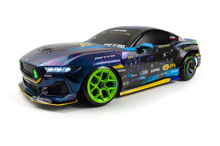 Studio product shot of the HPI Stage-D10 Ford Mustang GT RC drift car in 1/10 scale, featuring custom graphics and bright green wheels.