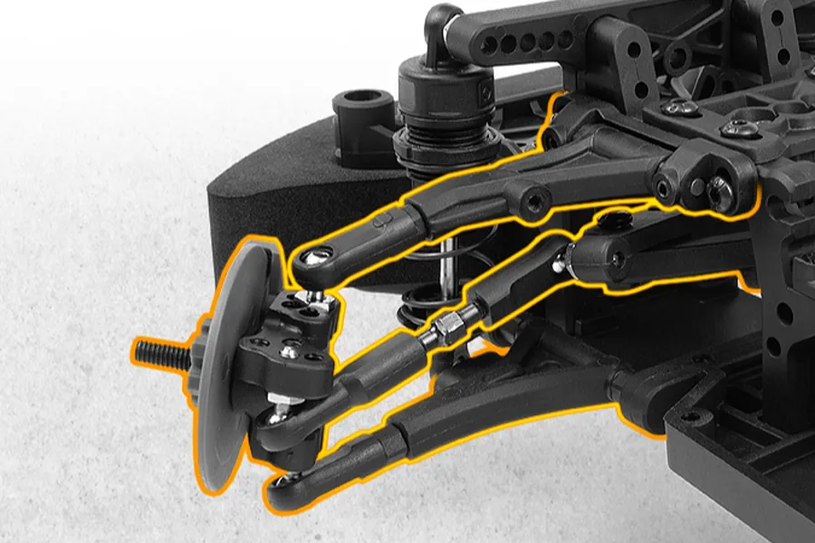 Close-up view of the front suspension and steering assembly on a 1/10 scale RC drift car chassis, highlighted with orange outlines.