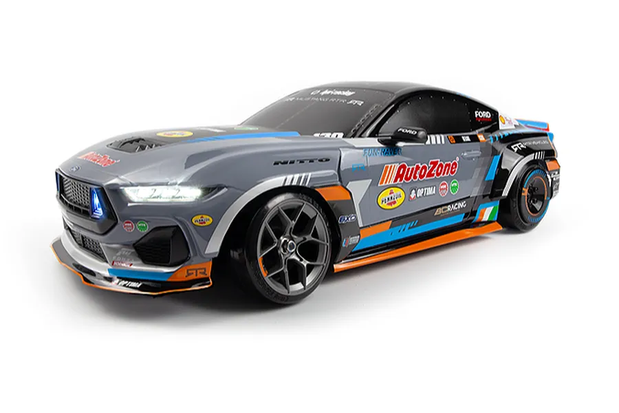 Studio product shot of HPI Stage-D10 Ford Mustang GT Spec-5 FD RC drift car with grey and black livery on a white background.