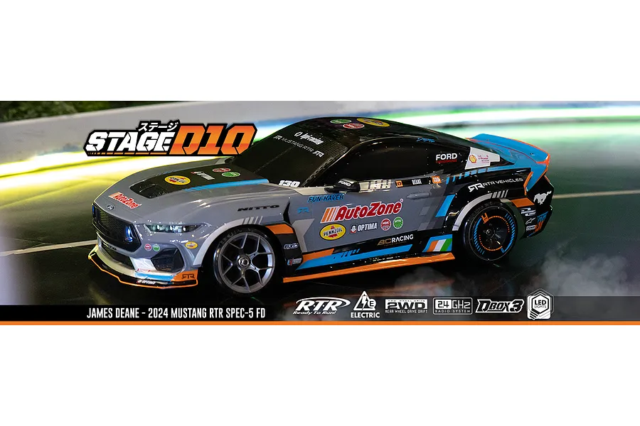 HPI Stage-D10 Ford Mustang GT Spec-5 FD RC drift car in action on an indoor track, featuring James Deane livery.