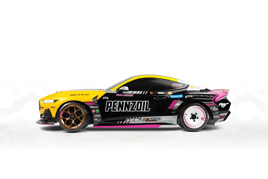 Studio side profile shot of the HPI Stage-D10 Ford Mustang GT Spec-5 FD RC drift car featuring Pennzoil livery and mismatched front and rear wheels.