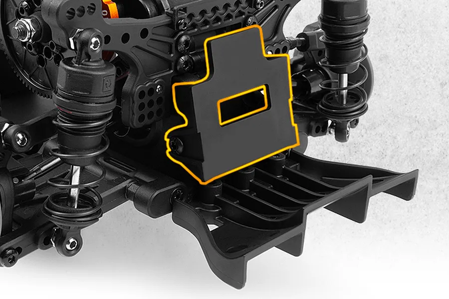 Close-up of the rear suspension and diffuser on an RC drift car chassis with an outlined part highlight.