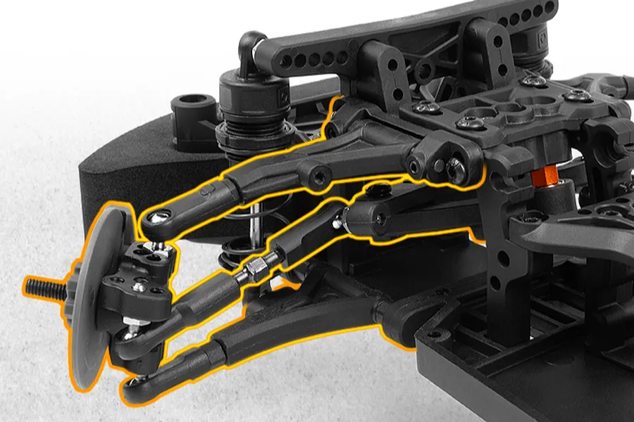Close-up view of the front suspension and steering assembly on an RC drift car chassis, highlighted with an orange outline.
