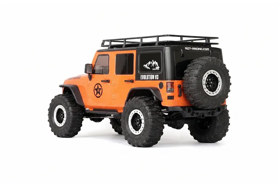 Rear-three-quarter studio view of the orange RGT Rock Cruiser Evolution V3 RC rock crawler on a white background.