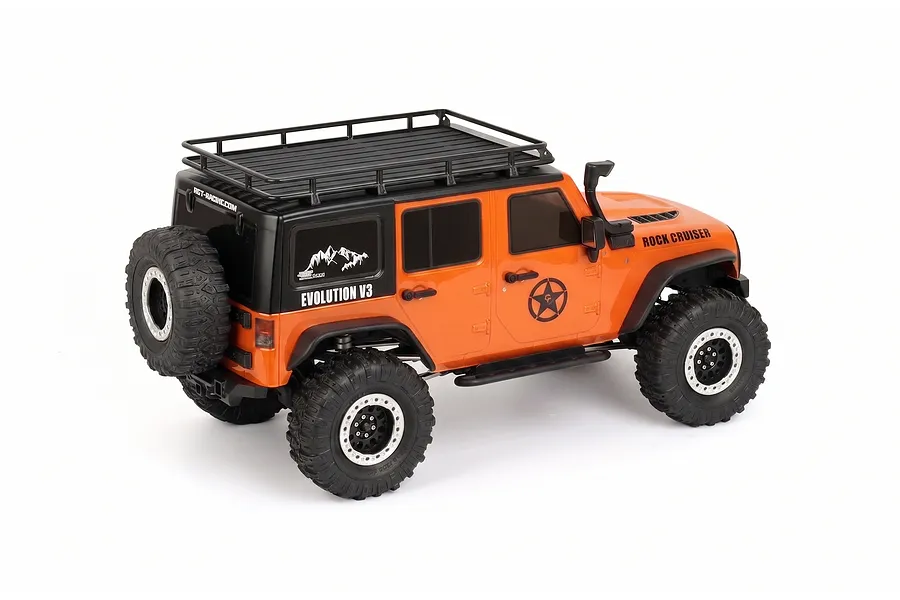 Studio shot of the RGT Rock Cruiser Evolution V3 orange 1/10 scale RC rock crawler viewed from the rear three-quarter angle.