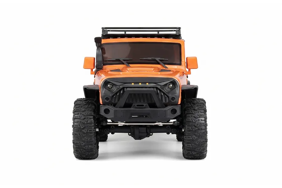 Front view of the bright orange RGT Rock Cruiser Evolution V3 RC rock crawler on a clean white background.